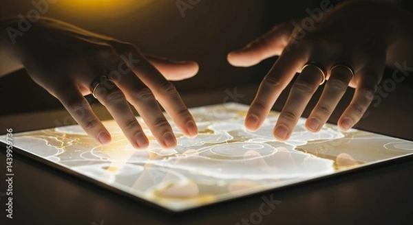 Obraz Close-Up of Two Human Hands Engaging with a Translucent Light Surface, Illustrating Interaction and Connection, Set in a Dimly Lit Environment