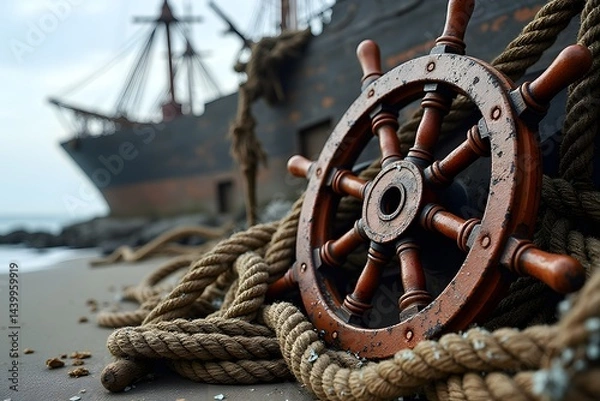 Fototapeta A ship's wheel lying beside barnacle-covered ropes on a beached wreck.
