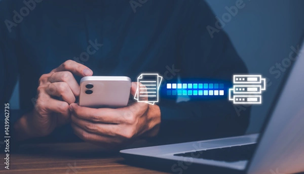 Fototapeta File Transfer Protocol files receiver and computer backup copy. File sharing isometric. Digital system for transferring documents and files online. Data Transfer concept. Document data for backup.