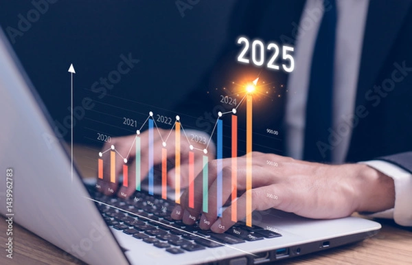 Fototapeta 2024 to 2025 business financial plan market concept, performance of profit growth on 2024, education trend up finance on growth graph money revenue, Businessman analyzes profitability of working.