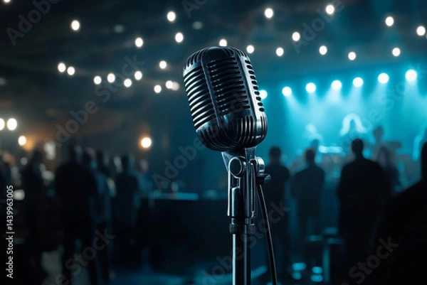 Fototapeta microphone on the stage in blue lights