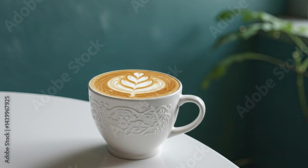 Fototapeta Aromatic latte art perfect creamy foam delightful coffee moment enjoy