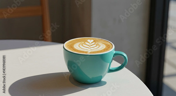 Fototapeta Aromatic latte art perfect creamy foam delightful coffee moment enjoy