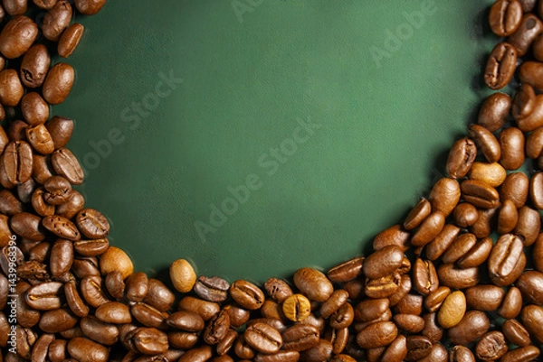 Fototapeta A display of roasted coffee beans scattered on a green background.