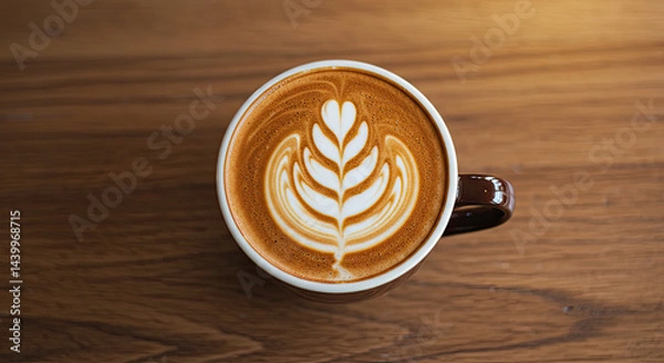 Fototapeta Aromatic latte art perfect creamy foam delightful coffee moment enjoy