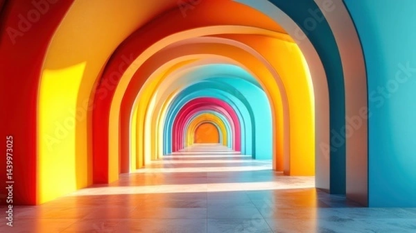 Fototapeta Vibrant arched hallway with bold colors offering an abstract architectural view