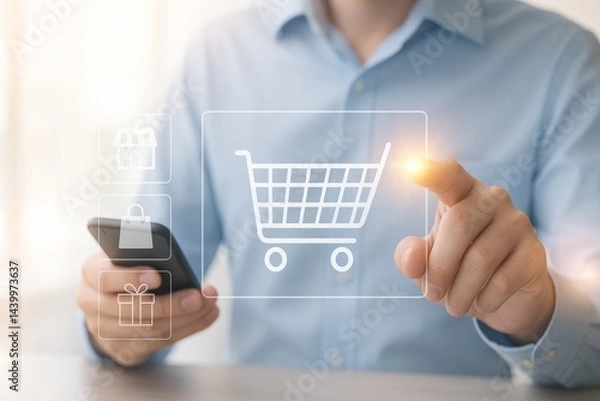 Fototapeta E-commerce at Your Fingertips: A modern depiction of online shopping, featuring a person interacting with a digital shopping cart icon on a smartphone, symbolizing seamless access to goods.