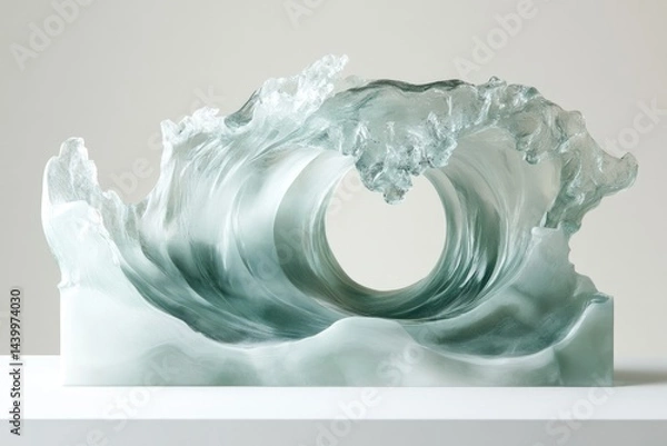 Obraz A captivating glass sculpture depicting a crashing ocean wave, its translucent form creating a mesmerizing visual effect.