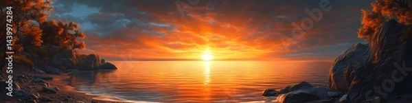 Fototapeta A vibrant sunset over a calm ocean with rocky shores and trees silhouetted against the bright horizon