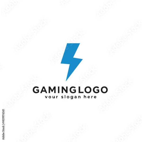 Fototapeta Simple gaming logo design featuring a blue lightning bolt icon symbolizing speed and power.
