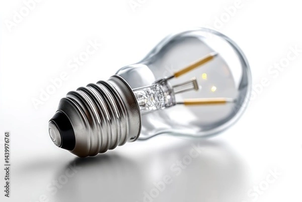 Obraz A clear LED lightbulb laying horizontally is rendered in high key lighting on a white surface.
