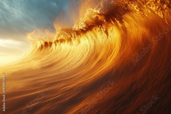 Fototapeta A majestic golden wave crests, bathed in the warm glow of sunset, a breathtaking spectacle of nature's power.