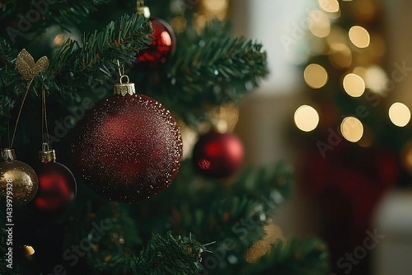 Obraz Close-up of a decorated Christmas tree with red and gold ornaments, creating a festive atmosphere.