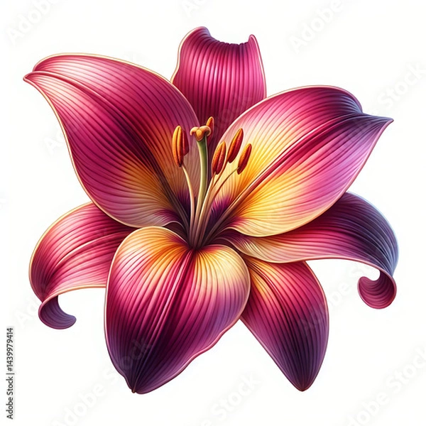 Fototapeta Vibrant pink and yellow lily flower isolated on white background with detailed realistic petals