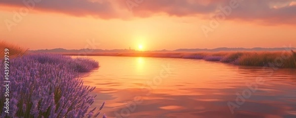 Fototapeta A serene landscape featuring a river reflecting the warm hues of a sunset with lavender fields nearby