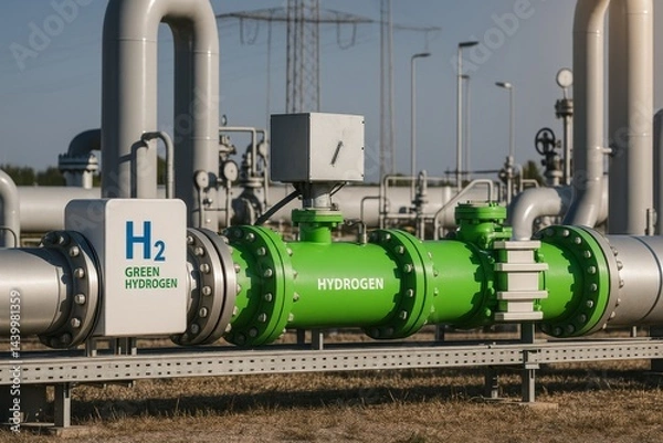 Fototapeta Green Hydrogen Power: A striking image of a green hydrogen energy facility, emphasizing the promise of eco-friendly power generation with an industrial aesthetic. 