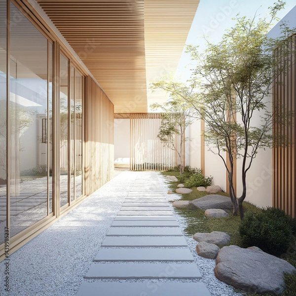 Fototapeta 3D view of a modern Japanese courtyard house