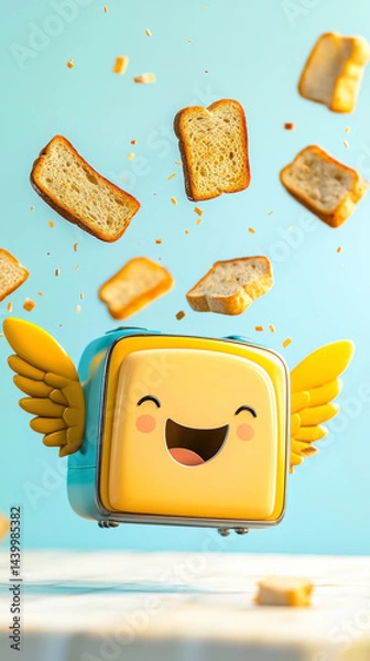 Fototapeta Cheerful winged toaster with flying bread slices on sky blue background