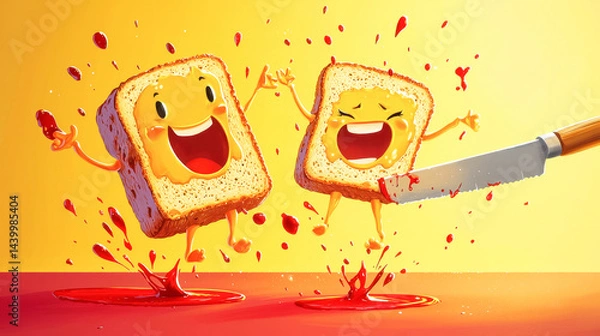 Fototapeta Cheerful cartoon bread slices with cheese and jam on colorful background