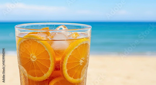 Fototapeta Close-up of a refreshing cold drink with sliced citrus fruits, ice cubes, and condensation drops on a sunny background.