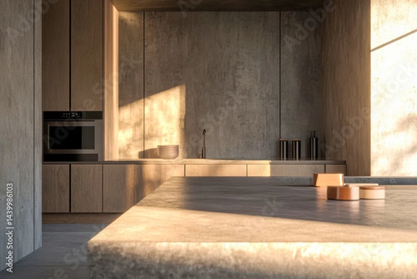 Fototapeta Minimalist kitchen interior, stone countertop flooded with sunlight, concrete and wood design elements