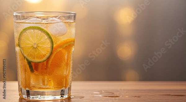 Fototapeta Close-up of a refreshing cold drink with sliced citrus fruits, ice cubes, and condensation drops on a sunny background.