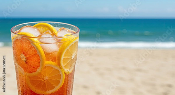 Fototapeta Close-up of a refreshing cold drink with sliced citrus fruits, ice cubes, and condensation drops on a sunny background.
