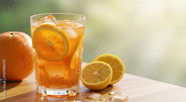 Fototapeta Close-up of a refreshing cold drink with sliced citrus fruits, ice cubes, and condensation drops on a sunny background.