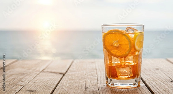 Fototapeta Close-up of a refreshing cold drink with sliced citrus fruits, ice cubes, and condensation drops on a sunny background.