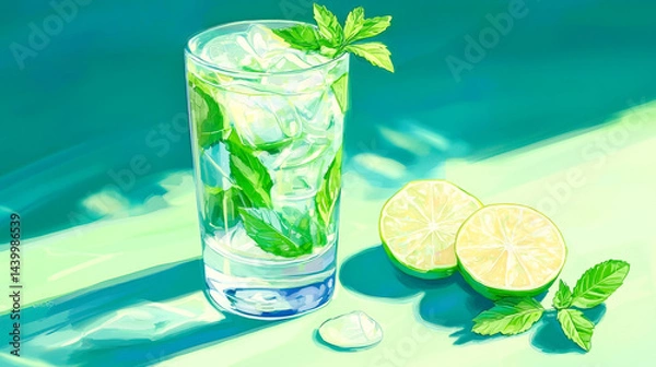 Fototapeta Refreshing mojito cocktail with lime and mint leaves on vibrant green background