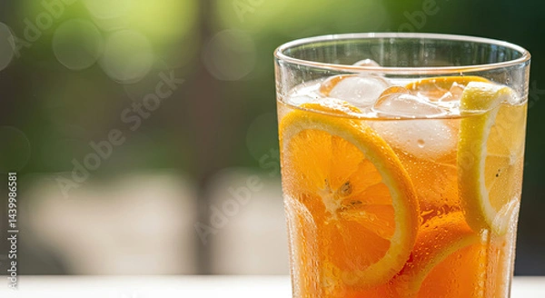 Fototapeta Close-up of a refreshing cold drink with sliced citrus fruits, ice cubes, and condensation drops on a sunny background.