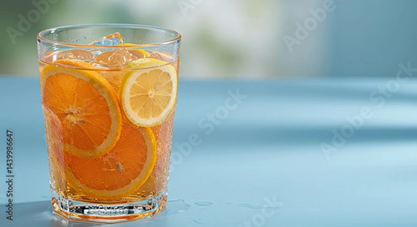 Fototapeta Close-up of a refreshing cold drink with sliced citrus fruits, ice cubes, and condensation drops on a sunny background.