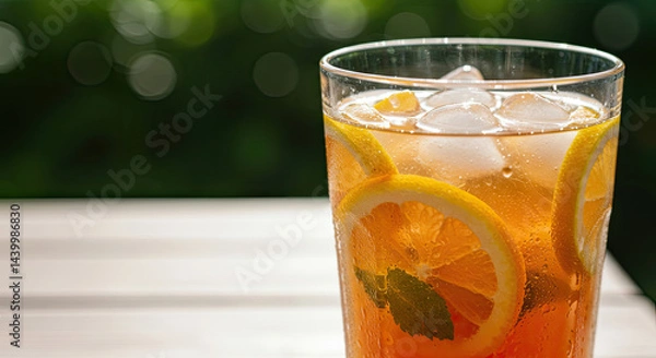 Fototapeta Close-up of a refreshing cold drink with sliced citrus fruits, ice cubes, and condensation drops on a sunny background.