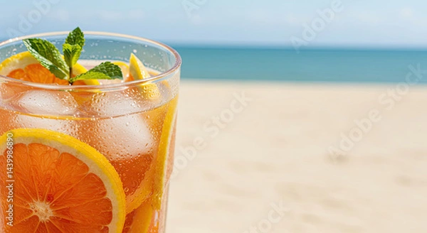 Fototapeta Close-up of a refreshing cold drink with sliced citrus fruits, ice cubes, and condensation drops on a sunny background.