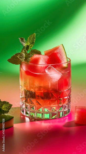 Fototapeta Refreshing watermelon cocktail with mint and ice in crystal glass on colorful background