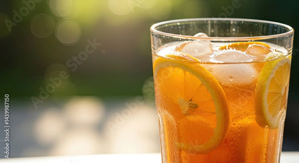 Fototapeta Close-up of a refreshing cold drink with sliced citrus fruits, ice cubes, and condensation drops on a sunny background.