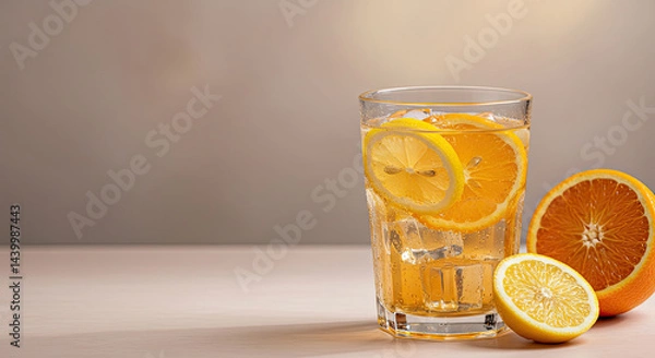 Fototapeta Close-up of a refreshing cold drink with sliced citrus fruits, ice cubes, and condensation drops on a sunny background.