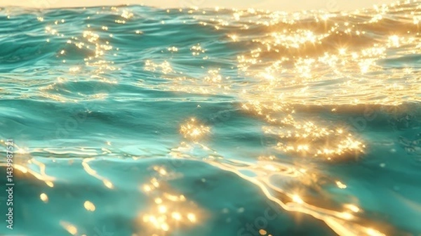 Fototapeta A close up view of teal ocean water with golden sunlight reflections creating a shimmering effect on waves
