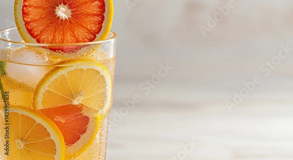 Fototapeta Close-up of a refreshing cold drink with sliced citrus fruits, ice cubes, and condensation drops on a sunny background.