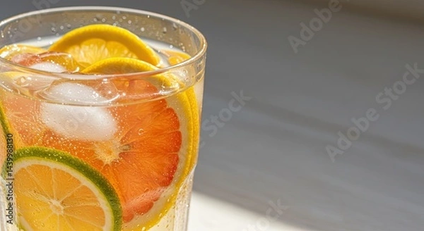 Fototapeta Close-up of a refreshing cold drink with sliced citrus fruits, ice cubes, and condensation drops on a sunny background.