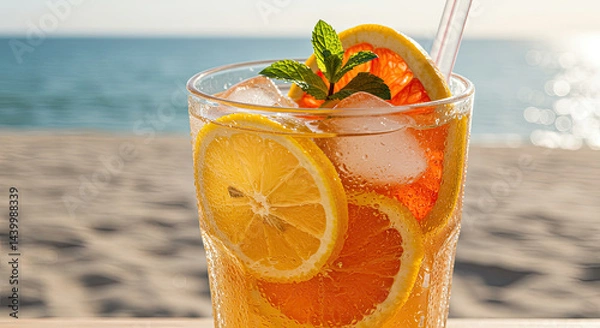 Fototapeta Close-up of a refreshing cold drink with sliced citrus fruits, ice cubes, and condensation drops on a sunny background.