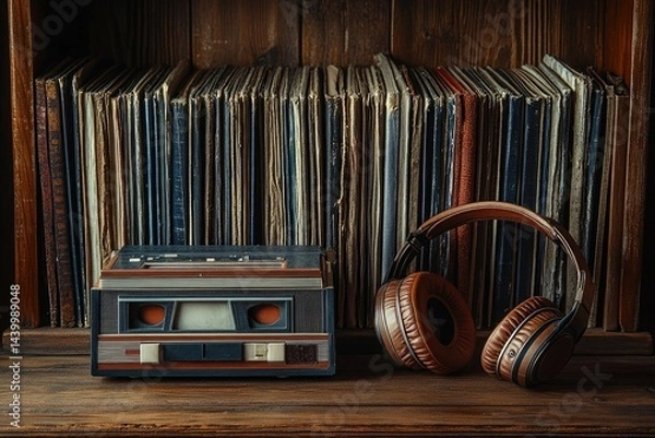 Obraz Vintage cassette player and headphones sit on a shelf filled with vinyl records, evoking nostalgic feelings of music.