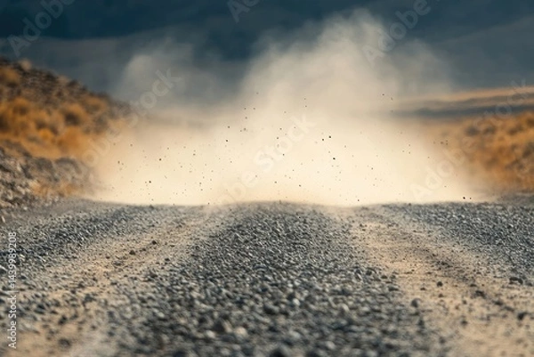 Obraz Dust cloud billows from a vehicle speeding on a gravel road in a desert landscape.