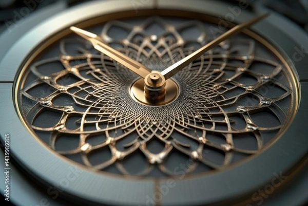 Fototapeta Close-up of an intricately designed watch face with gold hands and a mandala-like pattern.