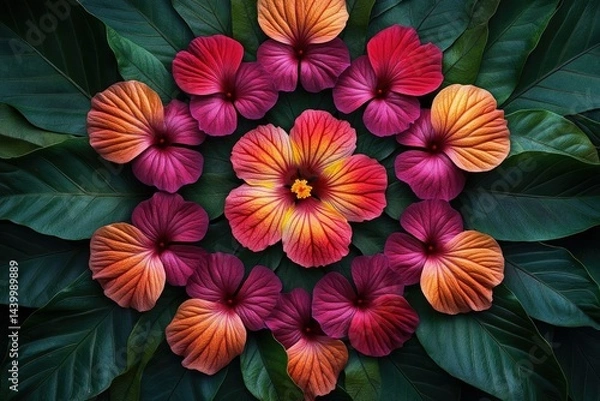 Obraz Vibrant hibiscus and tropical flowers arranged symmetrically on dark green leaves, creating a mandala-like design.