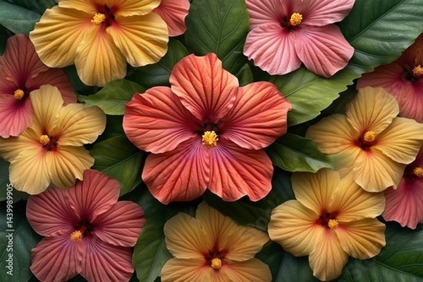 Obraz A vibrant collection of hibiscus flowers in various shades of orange, pink, and red, showcasing their intricate details.
