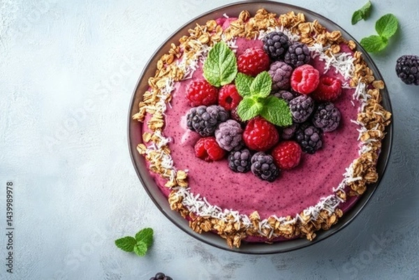 Obraz A vibrant smoothie bowl featuring a blend of frozen raspberries and blackberries, topped with granola and coconut flakes.