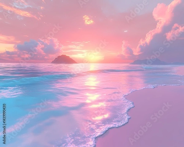 Fototapeta A serene beach scene with pink sand, turquoise water, and a pastel sunset sky with soft clouds