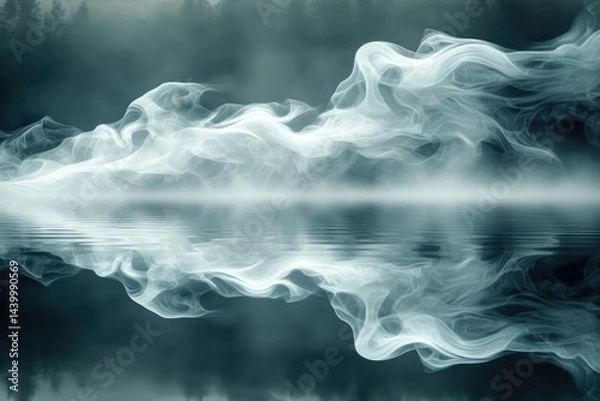 Obraz Ethereal smoke swirls over a tranquil lake, mirrored perfectly in the still water, creating a mystical, dreamlike scene.