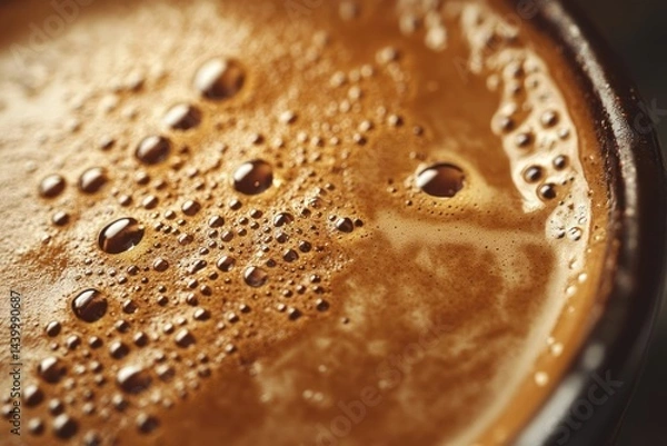 Fototapeta Close-up of espresso crema, showcasing rich brown color and texture with tiny bubbles and water droplets.